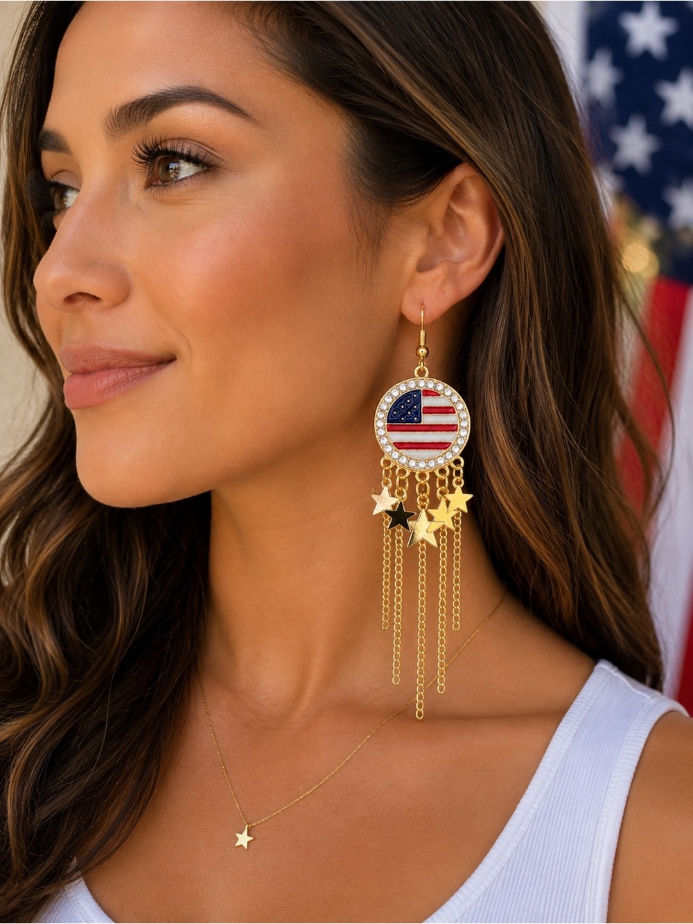 Patriotic American Flag Rhinestone Fringe Dangle Earrings - Picture 5 of 5